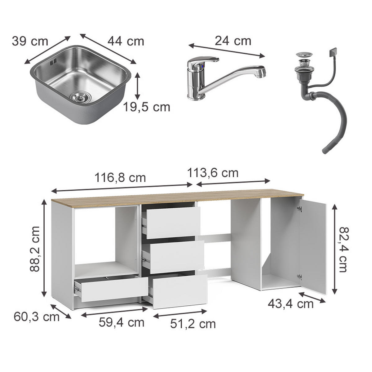KÖKSUNDERSKÅP Viktor, Vit/Hantverks ek, med handfat och kran - Vit/Ek Artisan, Träbaserade material (230.4/88.2/60.3cm) - Vicco