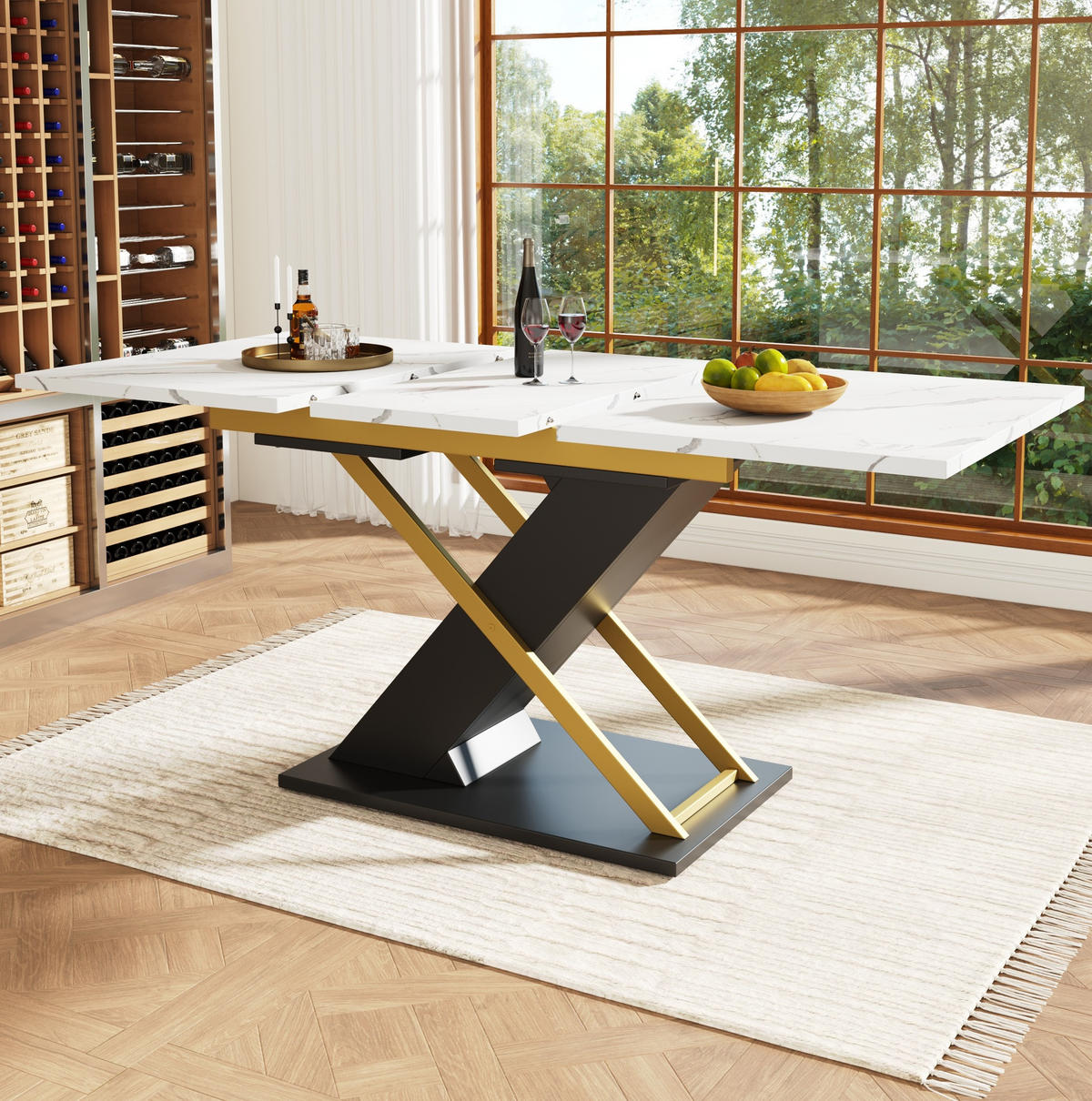 ESSTISCH 120-160x80x75 cm in Weiß Gold Schwarz aus MDF mit Marmoroptik auf schwarzen Kreuzbeinen ausziehbar - Weiß, Holzwerkstoff (160/80/75.4cm) - Modfu