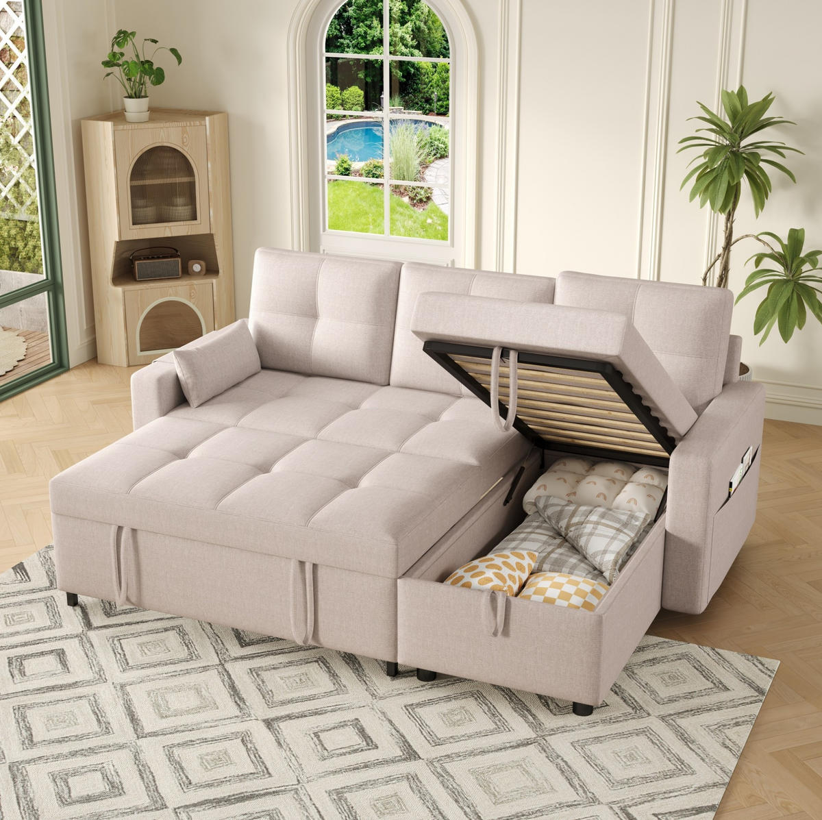 SCHLAFSOFA 211/136 cm in Beige – mit Bettkasten und Chaiselongue - Beige, Textil (136/87/211cm) - BEAOK