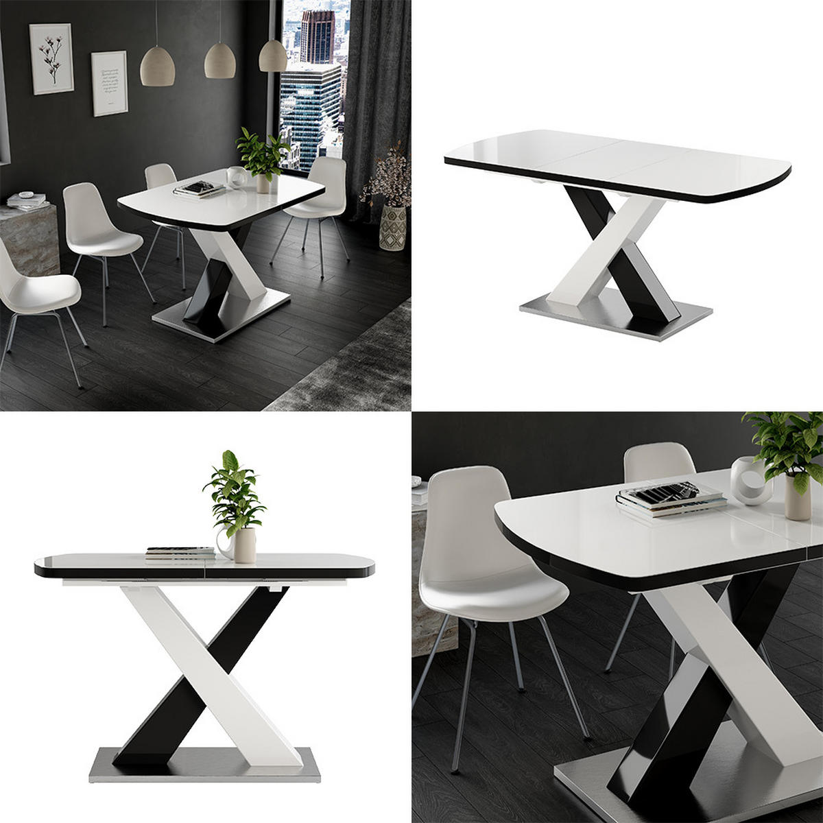 ESSTISCH Chinto Schwarz 120 x 80 cm ausziehbar - Weiß Hochglanz/Schwarz, Holzwerkstoff (80/120/76cm) - Vicco