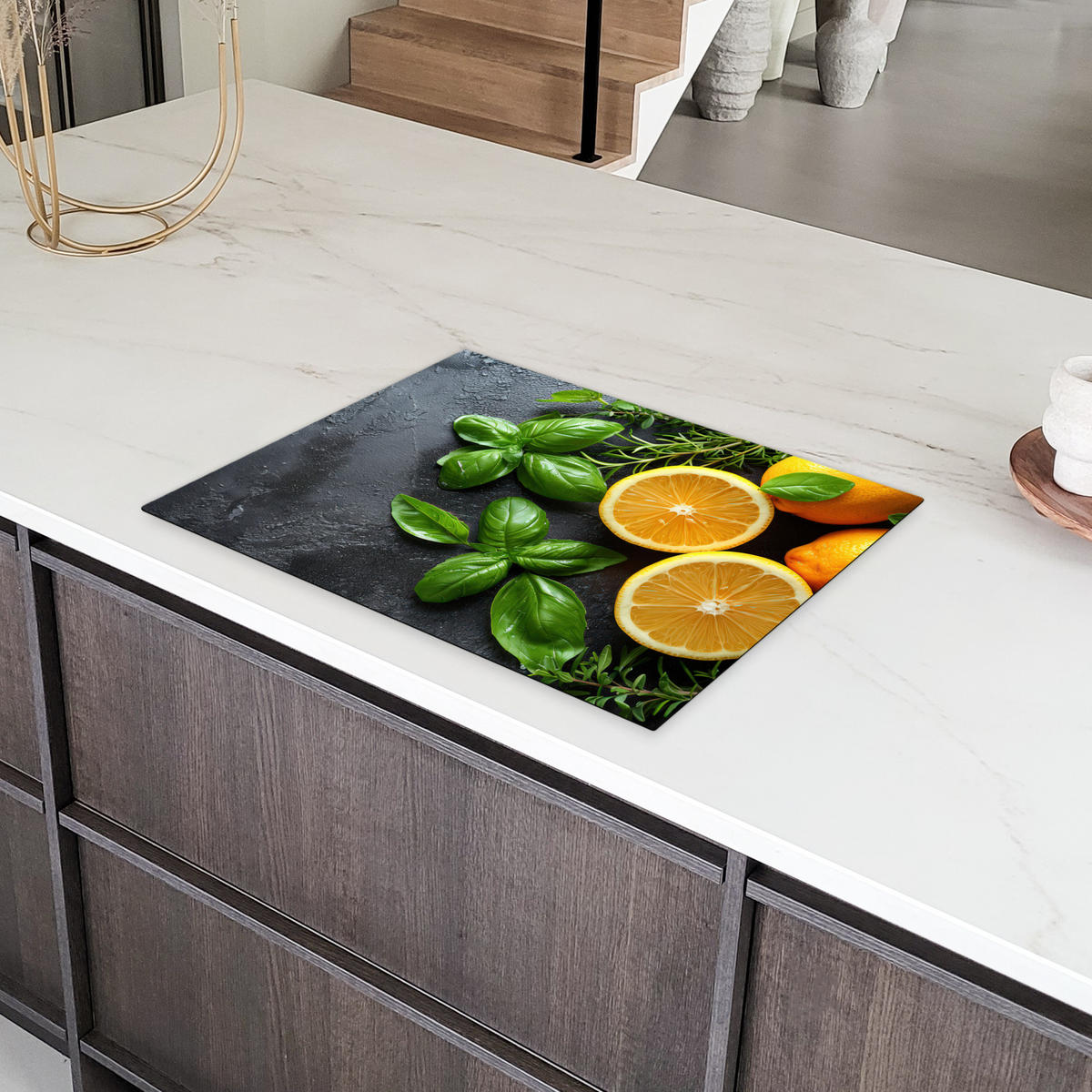 HERDABDECKPLATTE Obst - Grau - Konkret - Orange - Pflanzen Induktionsmatte 71x52 cm - Anthrazit, Kunststoff (71/52/0.2cm) - MuchoWow