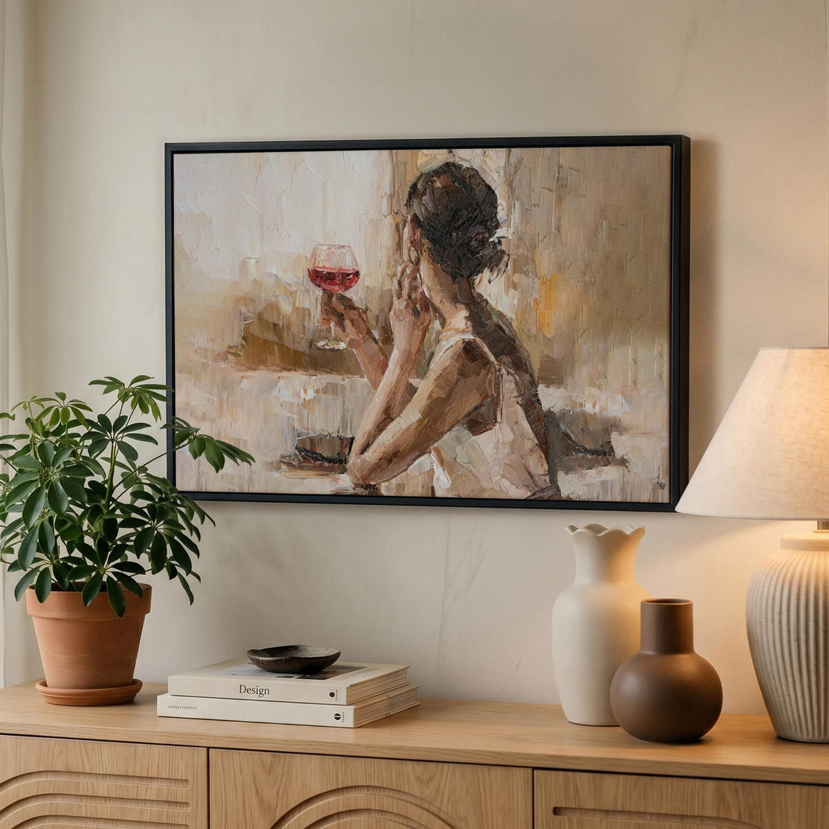 LEINWAND Bilder mit Rahmen - Ölgemälde - Frau - Wein - 60x40 - Hellbraun, Textil (60/40cm) - MuchoWow