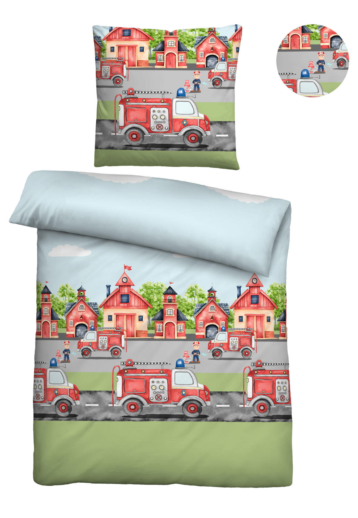 BETTWÄSCHE-GARNITUR Biber Feuerwehr pistaziengrün, 135x200 cm + 80x80 cm - Hellgrün, Textil (135/200cm) - biberna