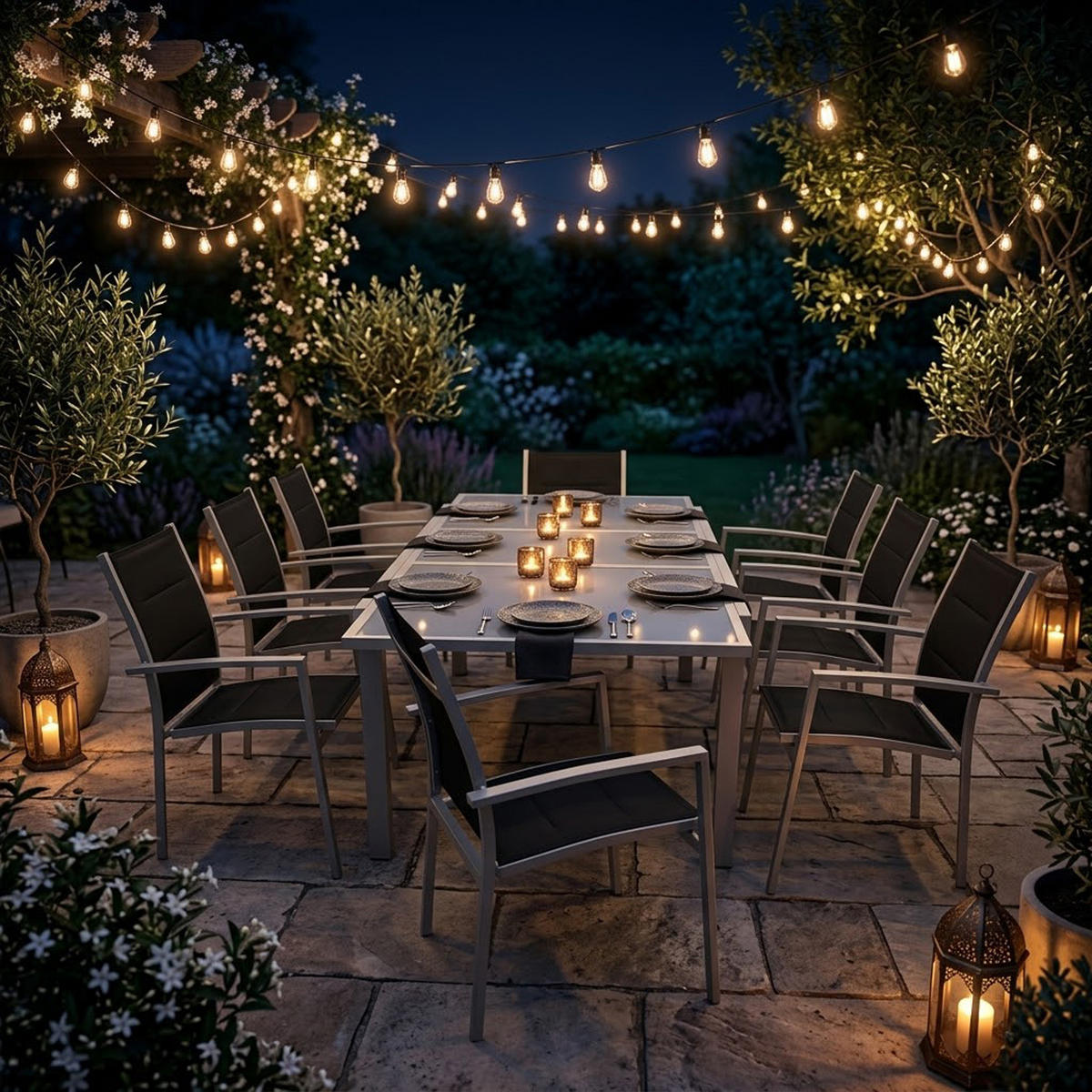 GARTEN-GARNITUR Ashford - 9-teilige Garten-Essgruppe (8x Stapelsessel mit Aluminiumgestell, Bespannung Textillehne schwarz, Ausziehtisch - Schwarz, Metall - TPFGarden