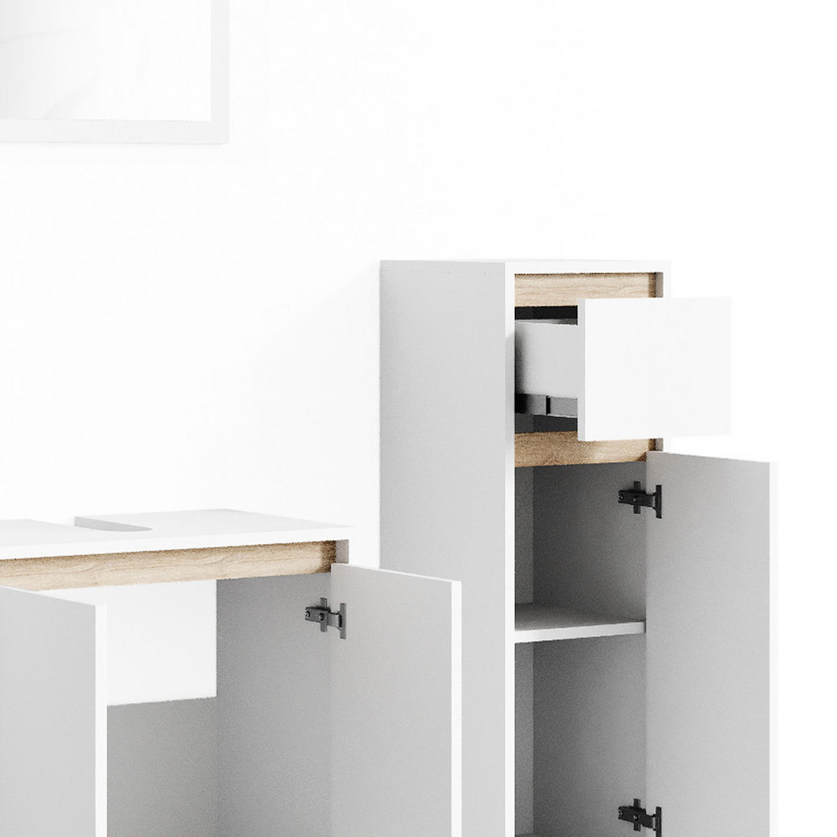 BADMÖBEL-SET Emma Weiß/Sonoma 3 Teile, mit Midischrank - Weiß/Sonoma Eiche, Holzwerkstoff (58/60/33cm) - Vicco