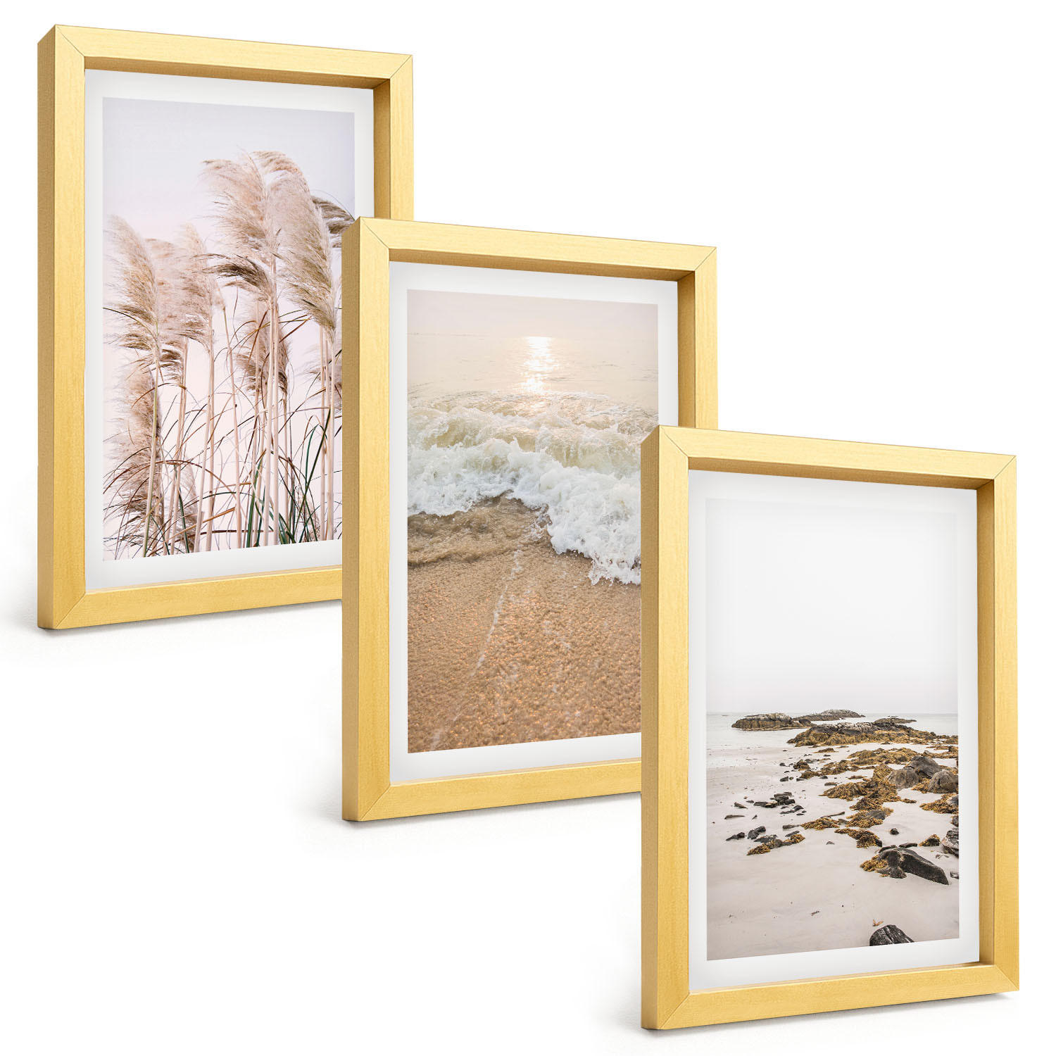 BILDER SET 3er Set - 20x30 cm Goldrahmen - Strandgras, Wellen, Steine, Boho-Stil - Goldfarben, Kunststoff (20/30cm) - TULUP