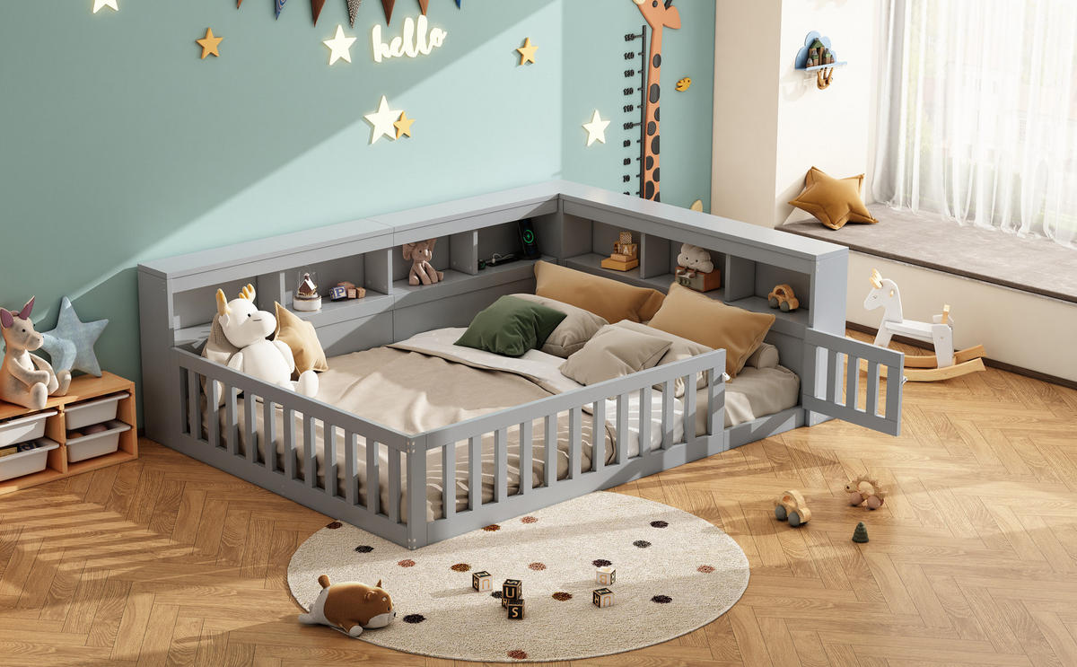 TAGESBETT 140/190 cm mit Staufach, Lattenrost, Steckdose und USB-Anschluss, Grau - Grau, Holz