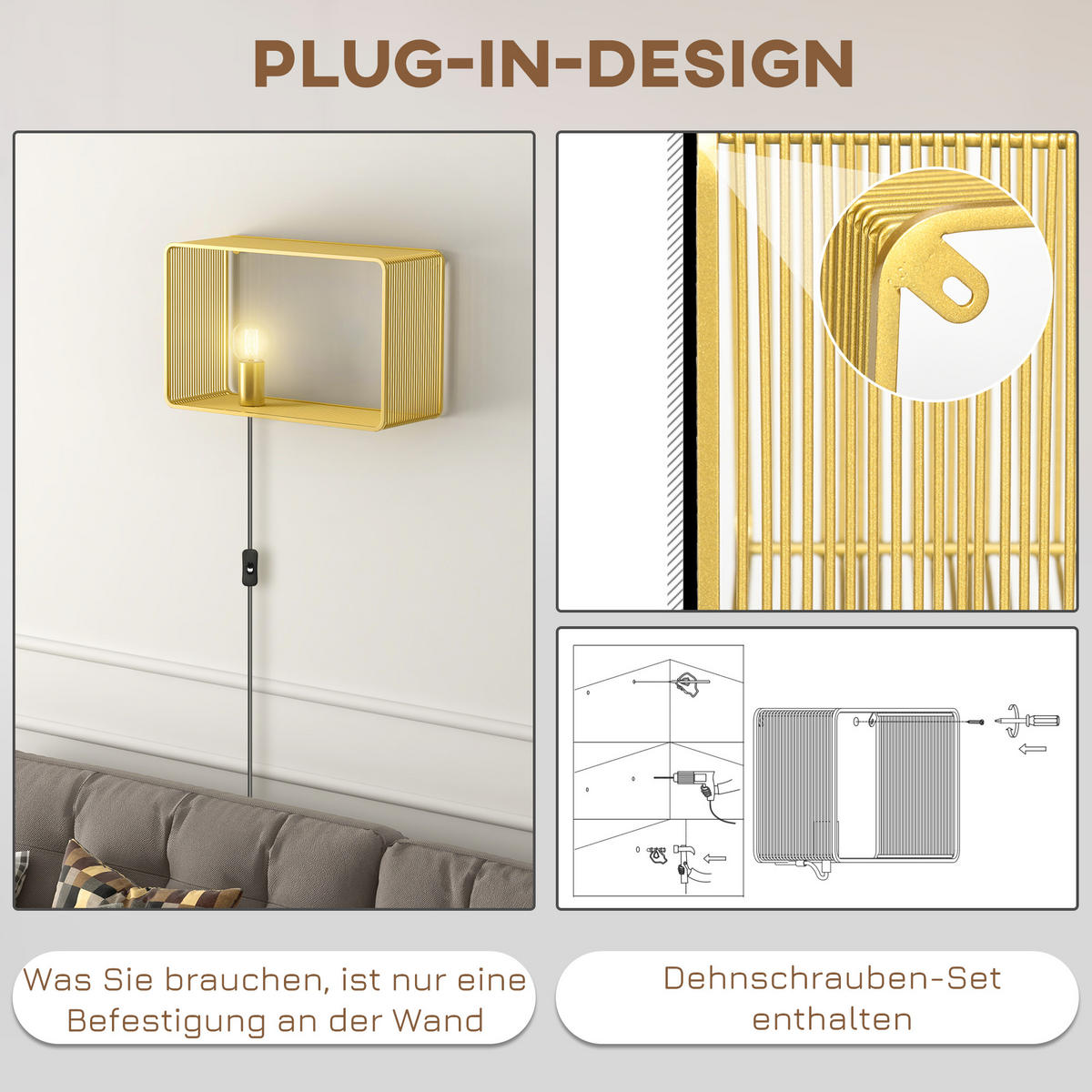 WANDLEUCHTE, 40 W Wandlampe, Gold - Goldfarben, Metall (15.4/25.2/40.5cm) - HOMCOM