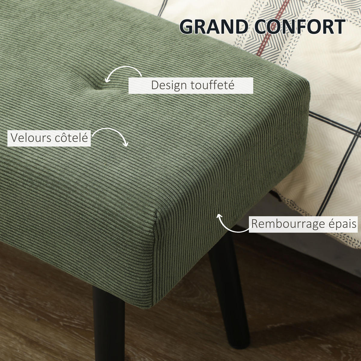 HOCKERBANK DE-12891 mit Rippvelours und Stahlfüße Grün - Grün, Textil (36/45/100cm) - ComfortXL