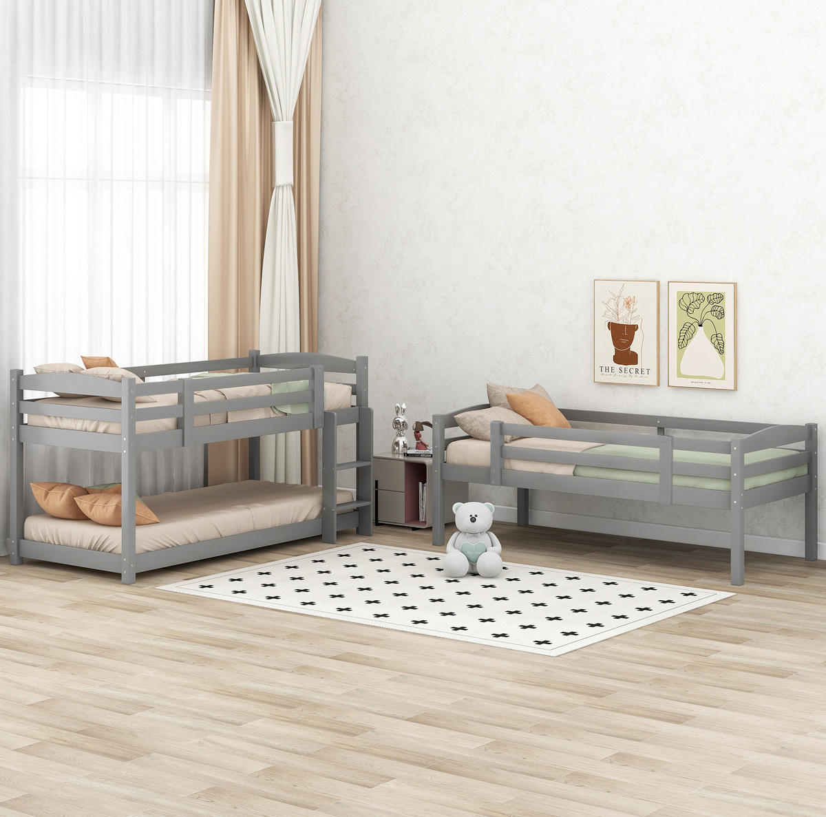 ETAGENBETT 3-fach 90/200 cm, Grau, platzsparend, ohne Matratze - Grau, Holz (90/200cm) - MIVRAY