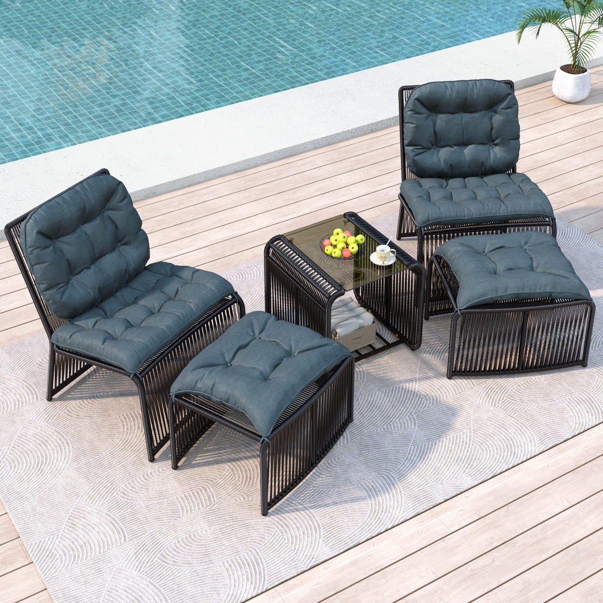 BALKONSET Gartenlounge-Set, 5-teilig, PE-Rattan, Schwarz+Dunkelblau - Schwarz, Metall - LVHOM