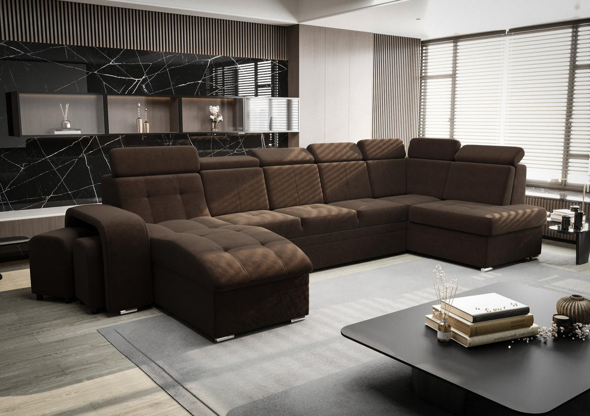 WOHNLANDSCHAFT KONGO RBN13, Eckcouch in U-Form mit Schlaffunktion, Farbe: Dunkelbraun, Velourstoff, Ottomane Links - Dunkelbraun, Textil (392/108/180cm) - O-Sofa