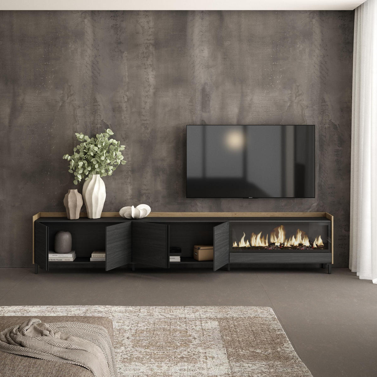 LOWBOARD, Schwarz und Eiche, 315/35/61cm, Kamin mit Feuereffekt XXL - Schwarz, Holzwerkstoff (315/61/35cm) - Skraut Home