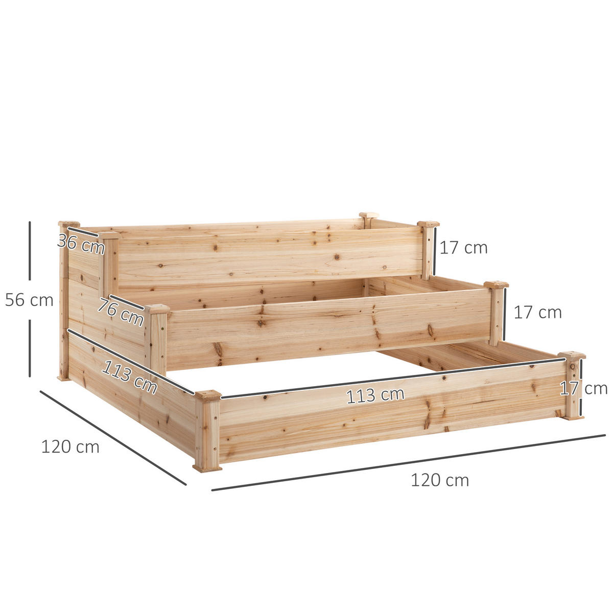 HOCHBEET 124x124x56 cm 3 Ebenen Holz - Naturfarben, Holz (124/56/124cm) - Fortuna Lai