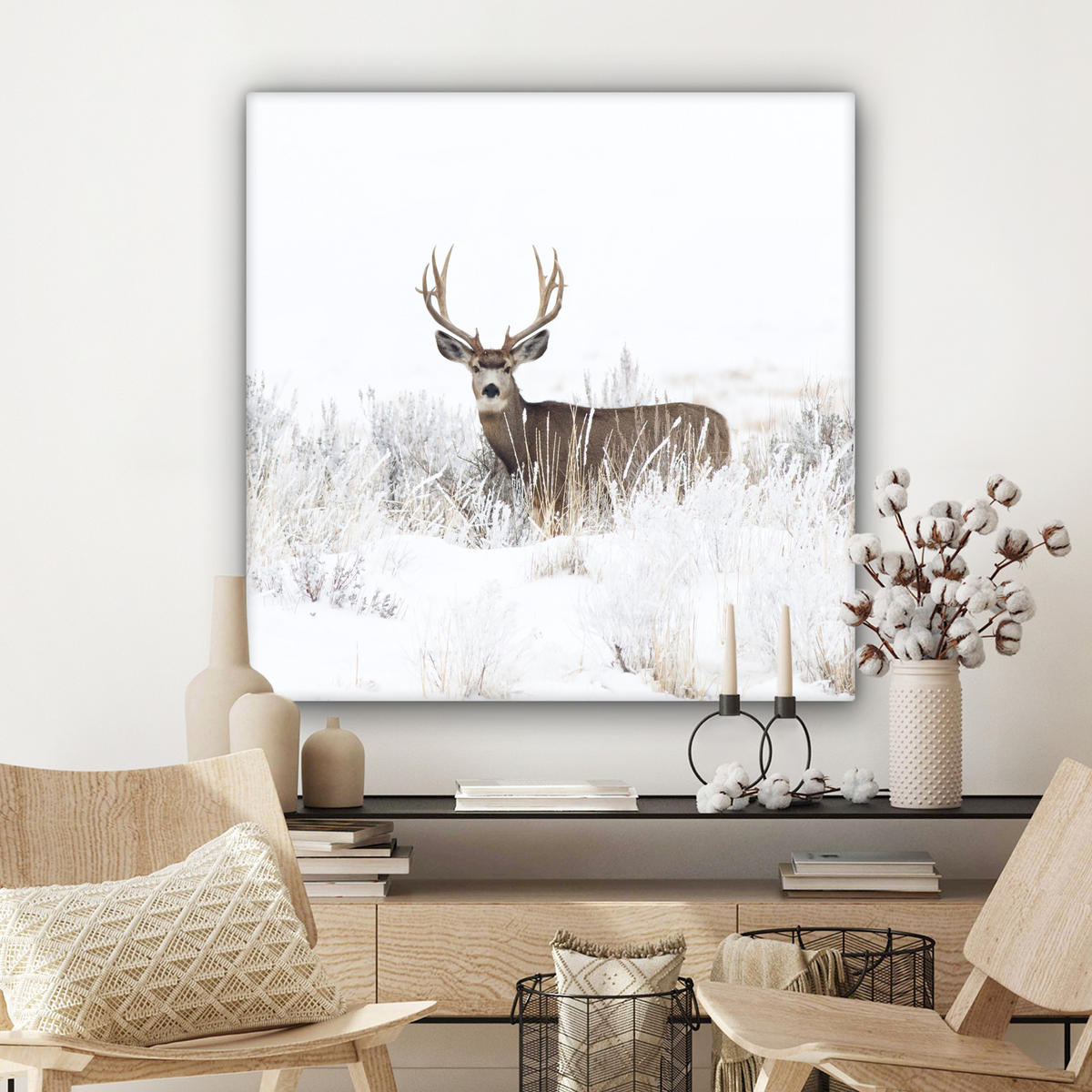 LEINWANDBILD Hirsche - Winter - Schnee - Tiere - Jahreszeiten - Weiß Deko Groß 90x90 cm - Hellbraun, Textil (90/90cm) - MuchoWow