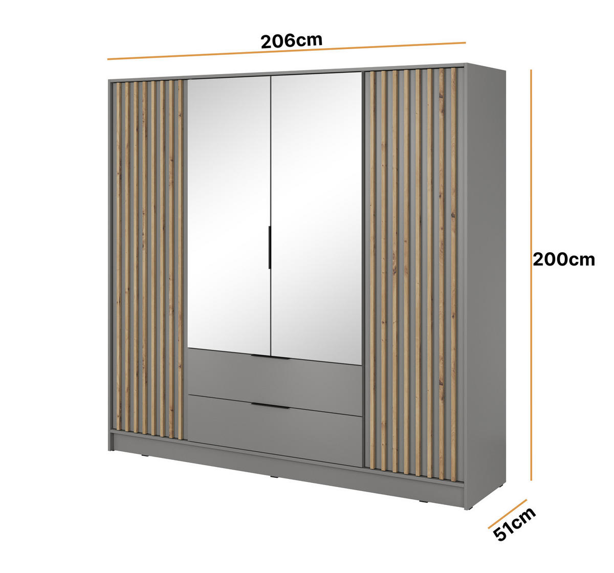 KLEIDERSCHRANK Stilo in Grau, vier Türen, mit Spiegel und Lamellen an der Front - Schwarz/Eiche Artisan, Holzwerkstoff/Kunststoff (206/200/51cm) - Ravio