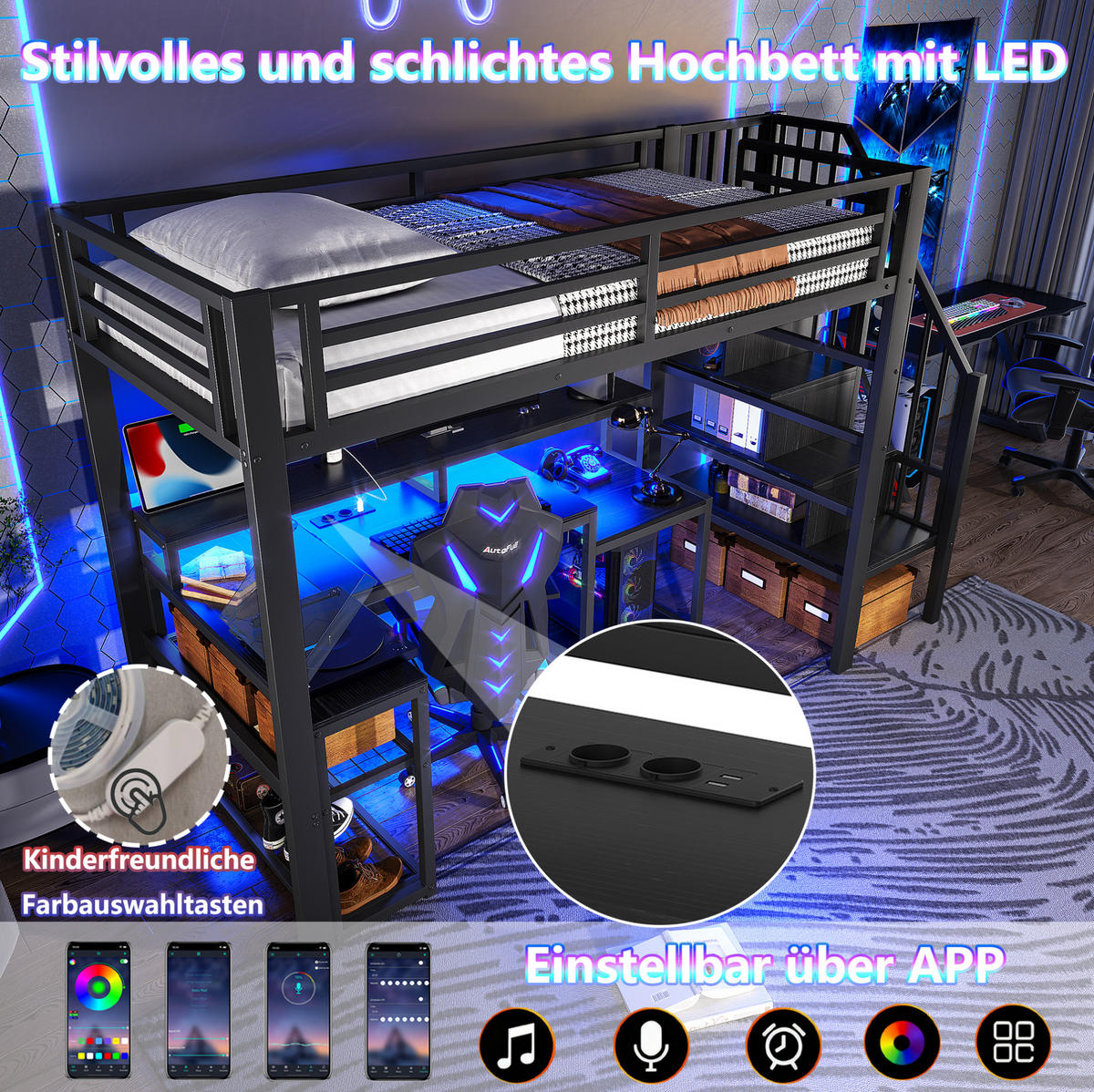 HOCHBETT aus Metall und MDF 90x200 cm Schwarz mit LED, USB-Anschluss, Schreibtisch und Stauraum - Schwarz, Metall (90/200cm) - Modfu