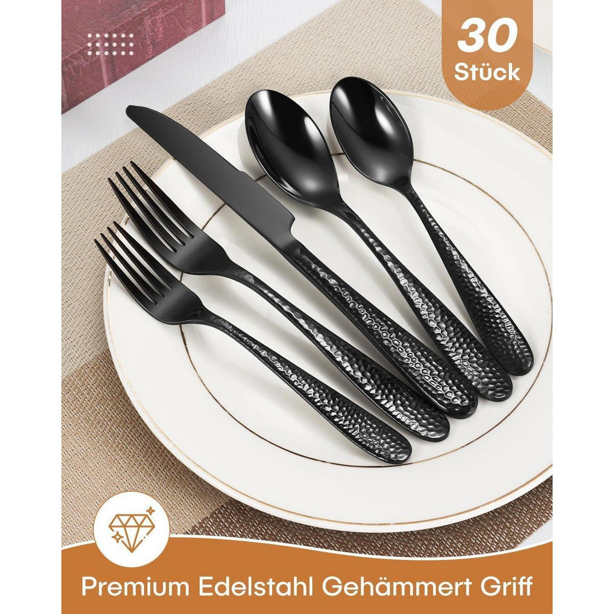 BESTECK Set 30-teilig Schwarz Gehämmert - Schwarz, Metall