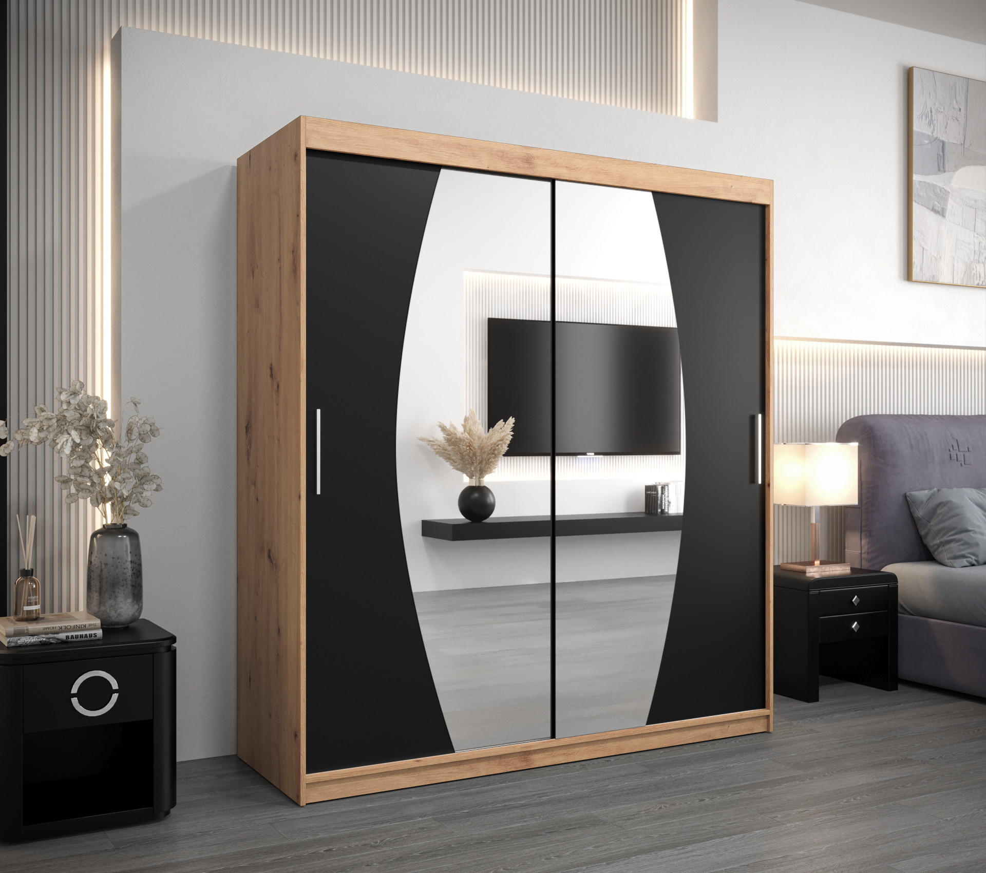 SCHWEBETÜRENSCHRANK 200/180/62 2-türig - Silberfarben/Schwarz, Holz/Kunststoff (180/200/62cm) - Abiks Möbel