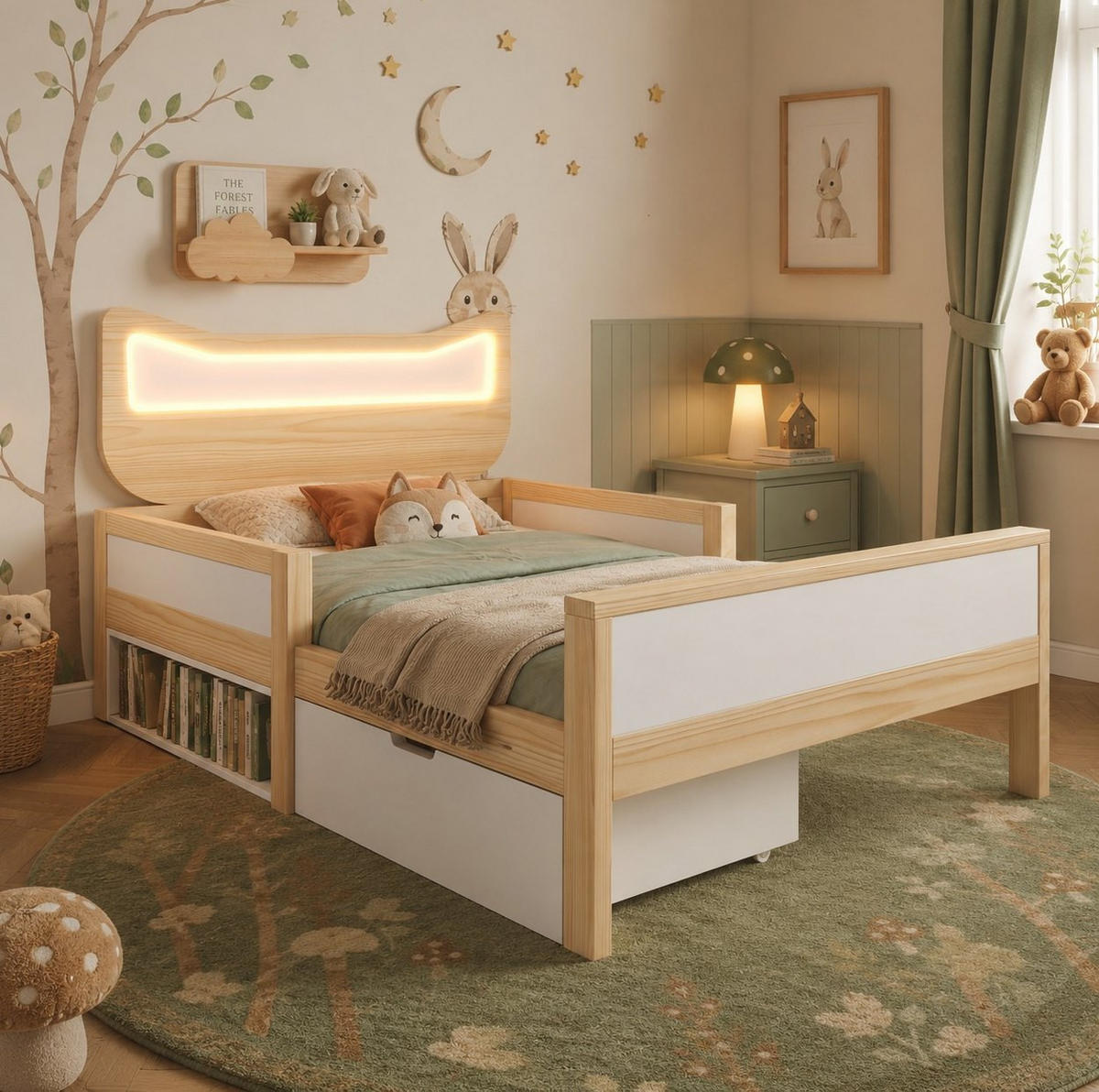 KINDERBETT 90/190 cm aus Holz mit Katzenkopfteil und RGB-LED Weiß/Eiche - Eichefarben, Holz (90/190cm) - Modenvie