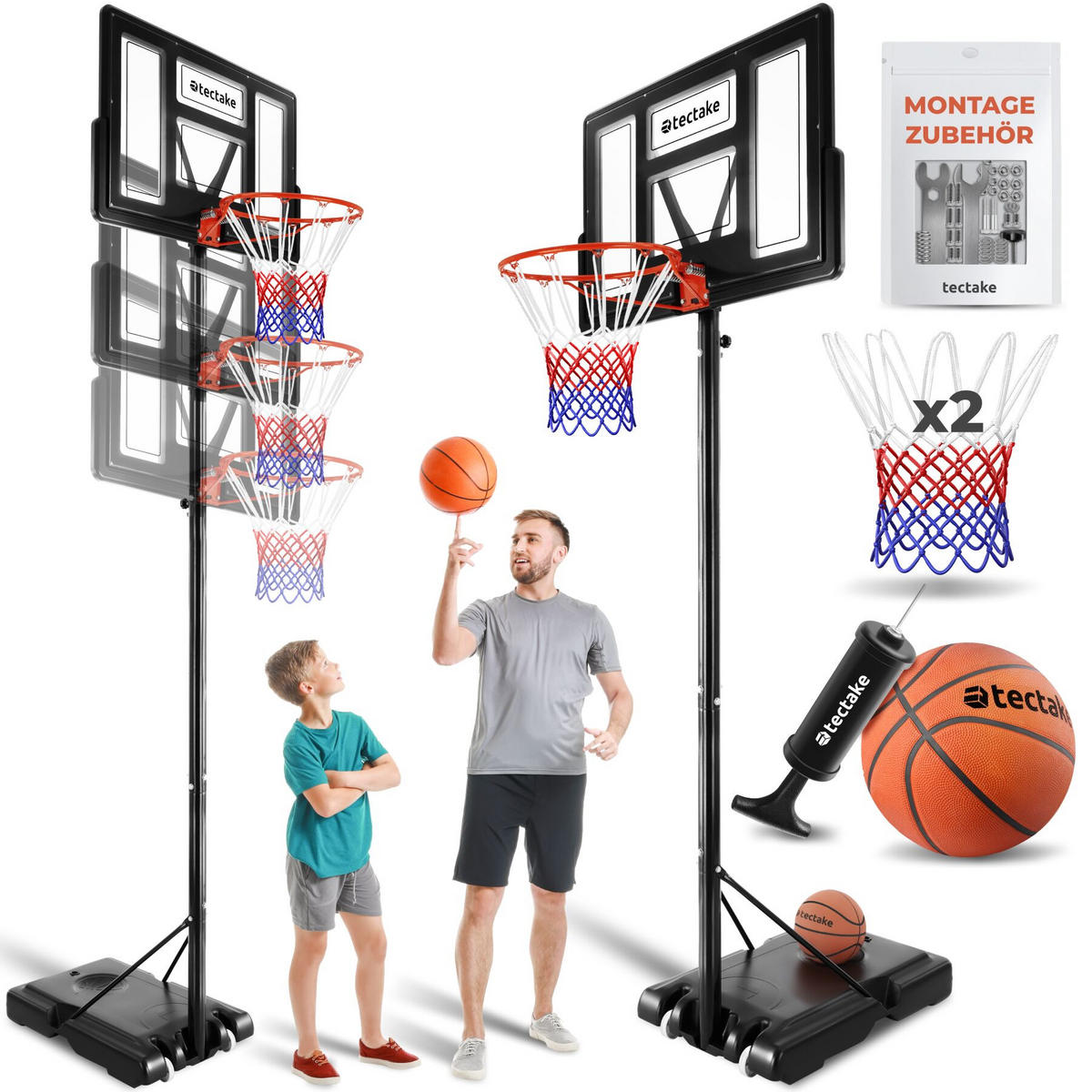 BASKETBALLKORB Dirk, mit Rollen, inklusive Ball, Pumpe und 2 Netze, schwarz - Schwarz, Textil (111/150cm) - tectake