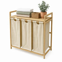 WÄSCHESAMMLER Natur Beige 3er-Set Bambus - Multicolor, Holz/Textil (78/77/41.5cm) - Relaxdays