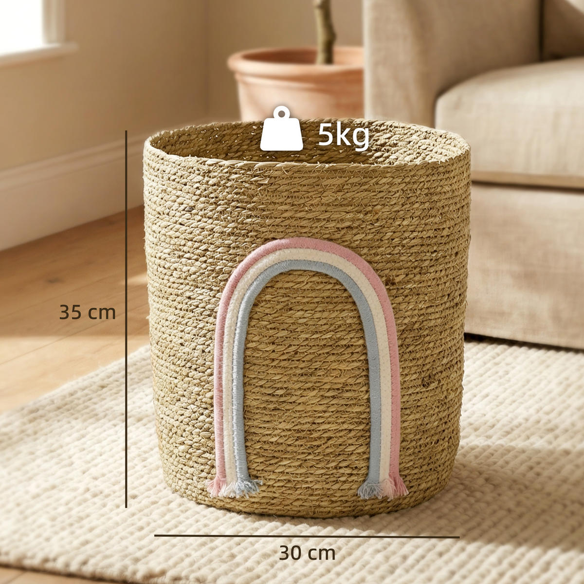ÚLOŽNÝ koš z mořských řas, bavlněné lano, přírodní dřevo - přírodní, přírodní materiály (30/35/30cm) - HOMCOM