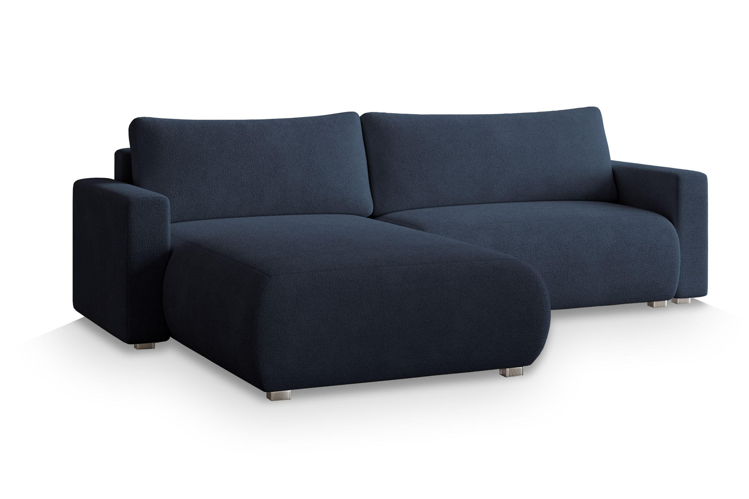 ECKSOFA TURIN N Blau Bucle-Stoff mit Schlaffunktion - Blau, Holz (265/183cm) - MASSENO