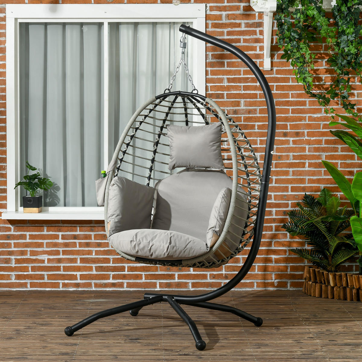 HÄNGESESSEL DE-06959 faltbarer Sitzkorb, Becherhalter, Metallgestell Grau - Grau, Metall (100/188/110cm) - ComfortXL