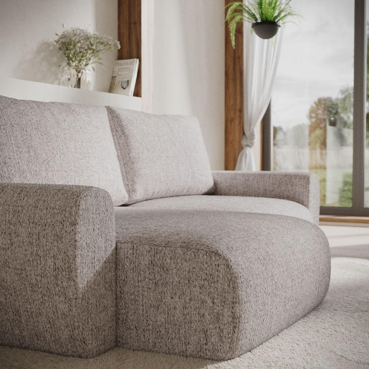 ECKSOFA OMARI mit Schlaffunktion Beige im Neve Stoff - Beige/Schwarz, Holz/Holzwerkstoff (253/153cm) - AltaBeds