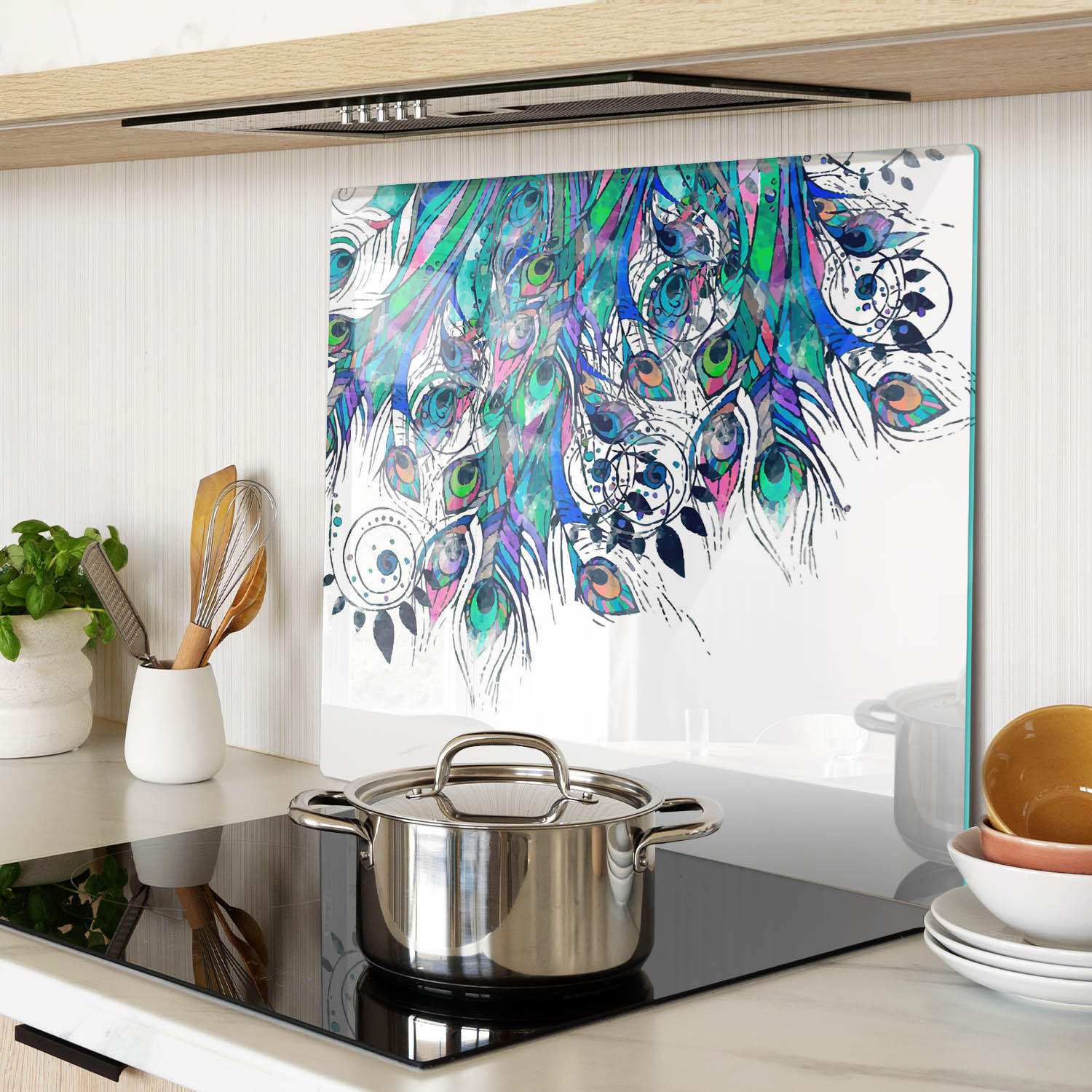 GLASPLATTE 60x52 cm Pfauenfedern - Grün, Glas (60/0.4/52cm) - TULUP