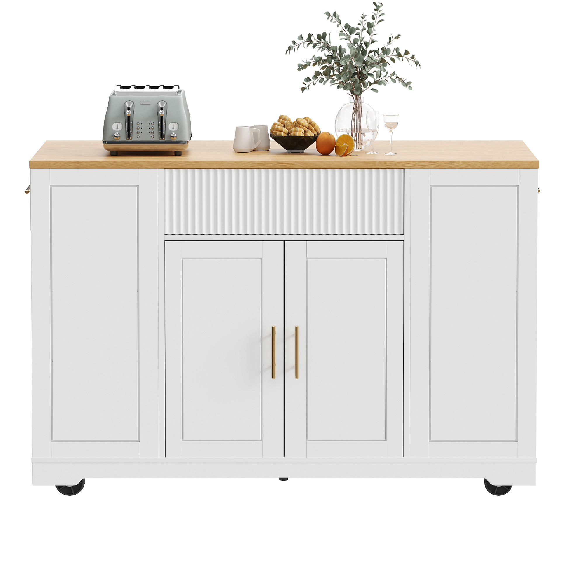 KÜCHENINSEL auf Rollen aus MDF mit Metallgriffen, 120/50/92 cm, Weiß mit Holzoptikplatte - Weiß, Holzwerkstoff (120/92/50cm) - Redom