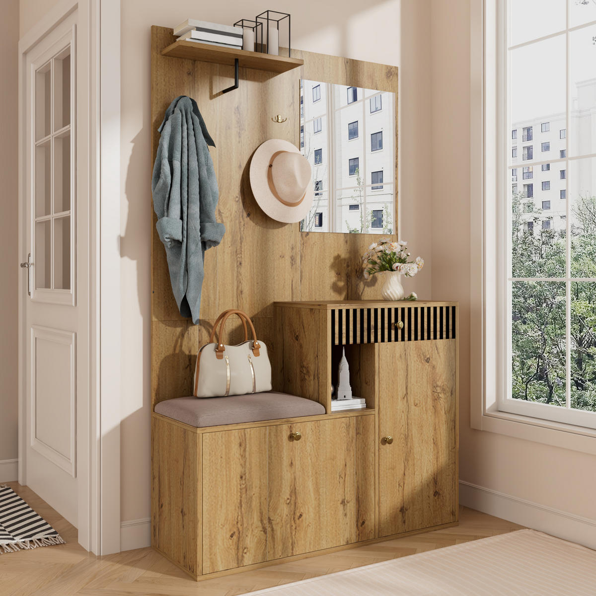 GARDEROBE 110x185x37 cm Spiegel Polster - Naturfarben, Holz (110/185.5/37cm) - LEBENLANG