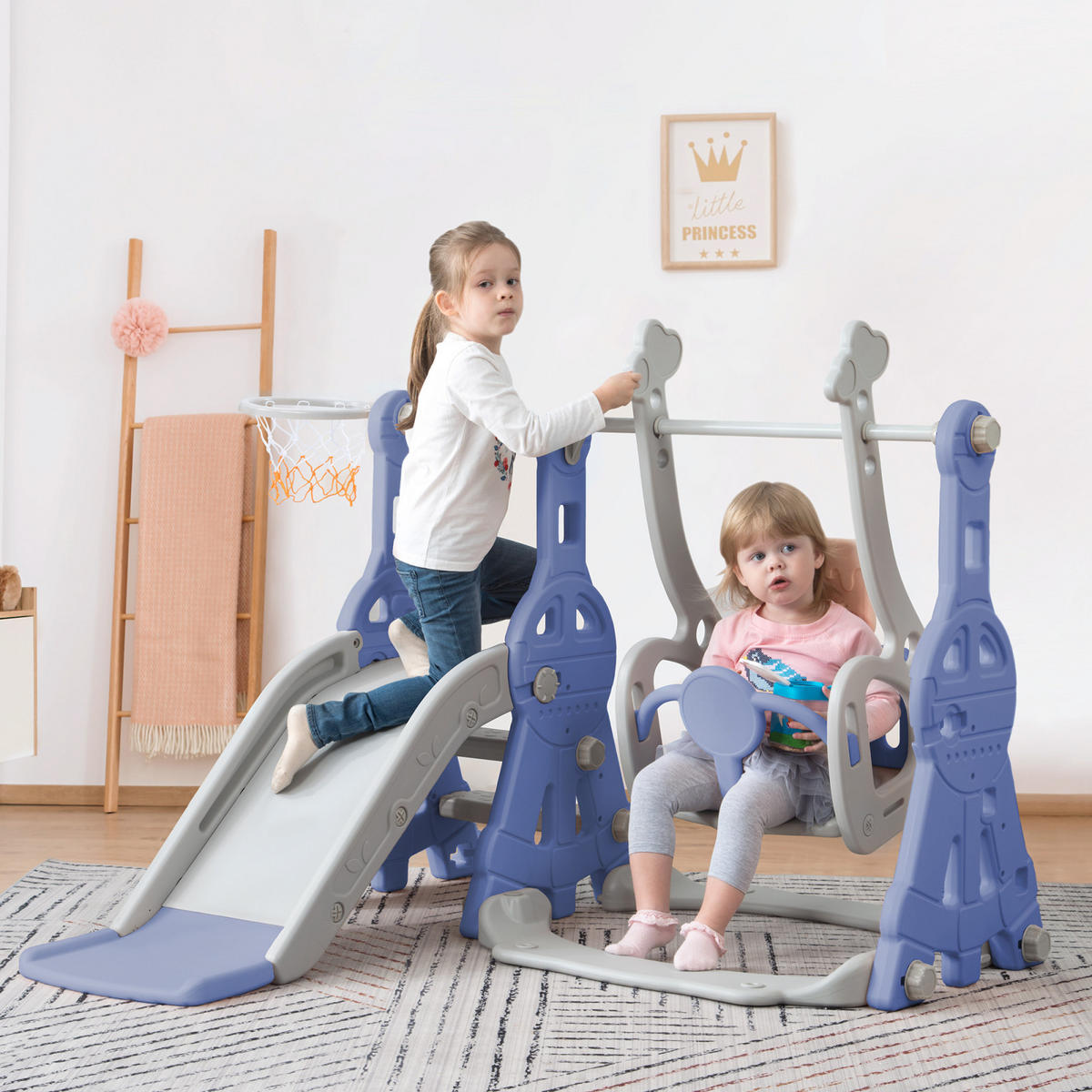KINDERRUTSCHE mit Schaukel 4-in-1 – ,Blau, Mit Basketballkorb & 3-fach höhenverstellbarer Schauke,Spielgerät für Kinder - Blau, Kunststoff (140/102/118cm) - BursDany