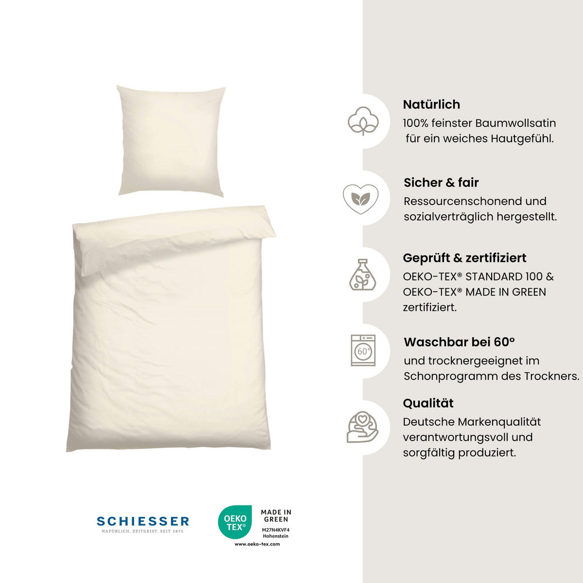 BETTWÄSCHESET Ella - Baumwollsatin - 2-teilig - 135 x 200 cm - Perlmutt - Creme, Textil (135/200cm) - SCHIESSER