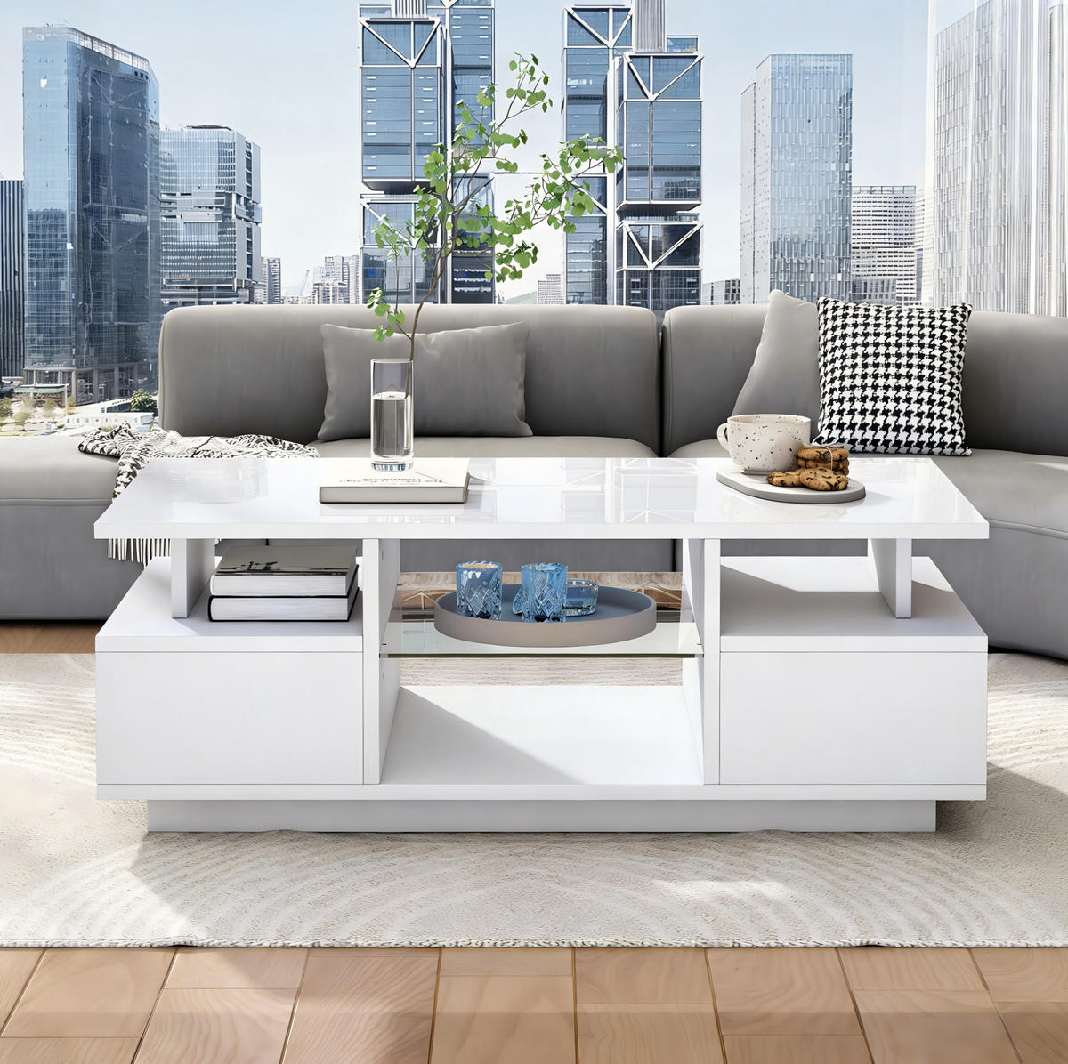 COUCHTISCH mit LED 100 x 50 x 36 cm Weiß mit 2 Schubladen - Weiß, Holzwerkstoff (100/50/36cm) - Meubliv