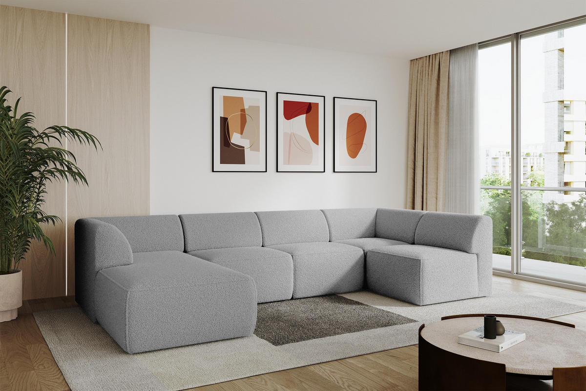 WOHNLANDSCHAFT Ottomane Links MOVA 345x180x78 Hellgrau Bouclé - Silberfarben/Hellgrau, Holzwerkstoff/Kunststoff (180/78/345cm) - ALTDECOR