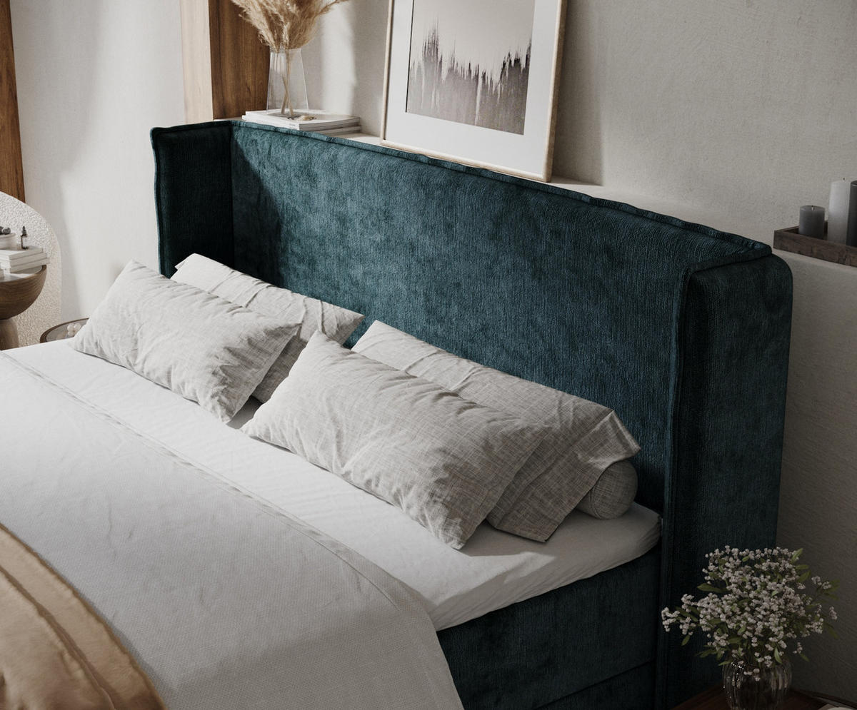 BOXBETT Skyline Türkisfarben 160/200 cm mit Matratze und Topper - Türkis/Schwarz, Holz/Holzwerkstoff (160/200cm) - Maison de Reve