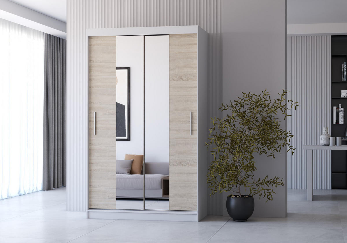 SCHWEBETÜRENSCHRANK Neomi 01 Weiß/Sonoma Eiche mit Spiegel 120 cm - Alufarben/Weiß, Holzwerkstoff/Kunststoff (120/200/61cm)