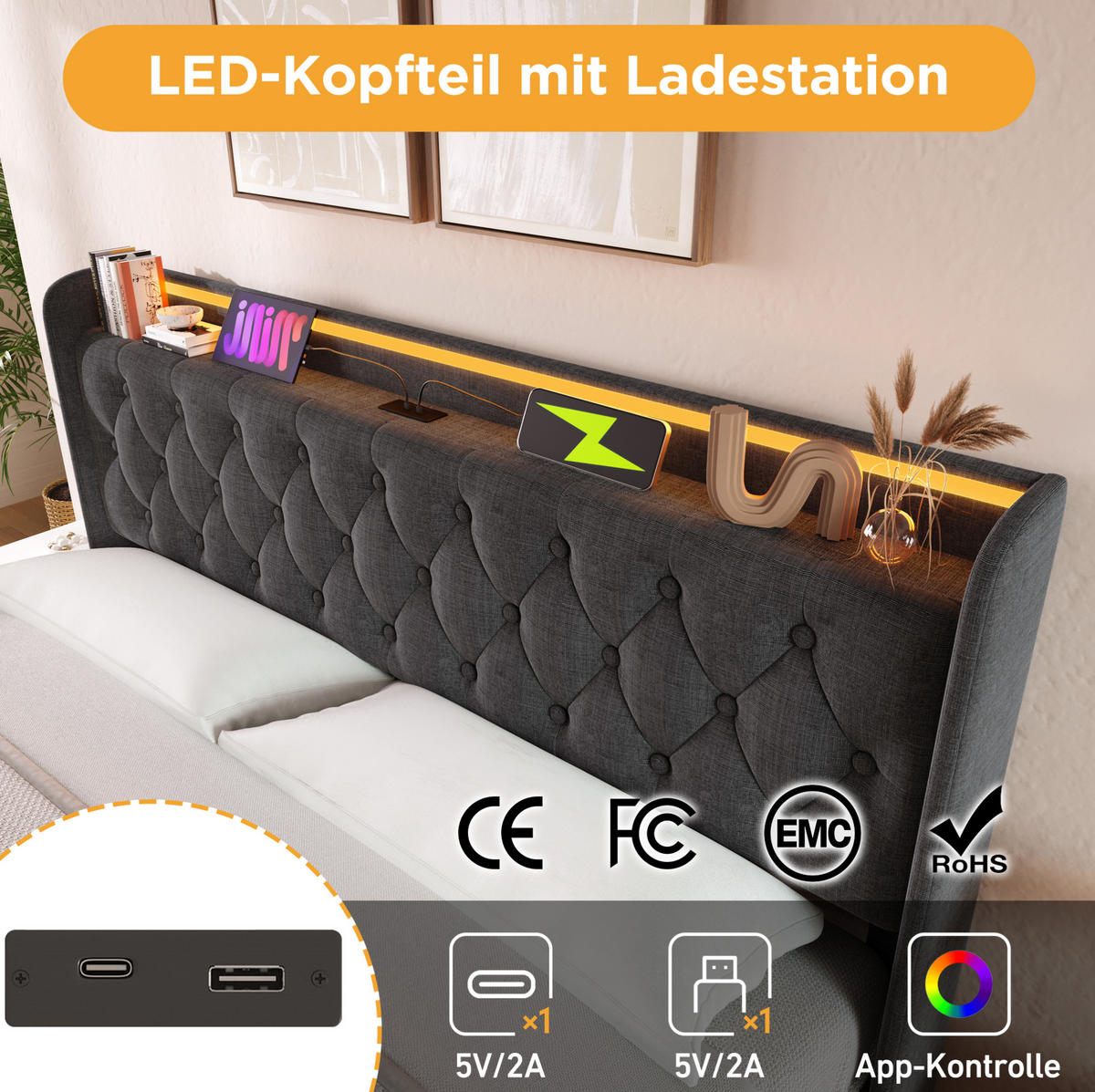 POLSTERBETT 180/200 cm aus Samt mit Stauraum LED und klappbarem Kopfteil Beige - Beige, Textil (180/200cm) - Modenvie