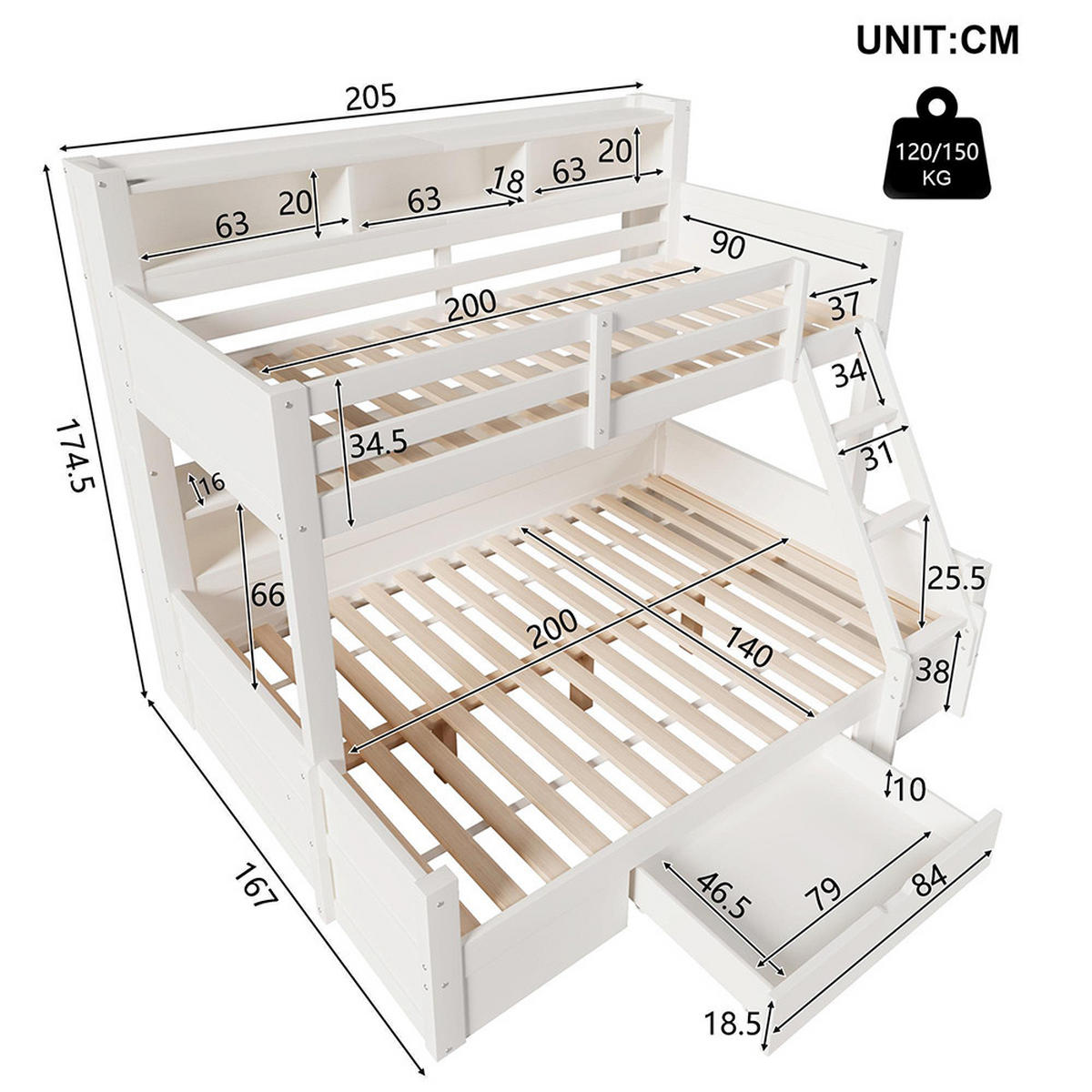 ETAGENBETT 90x200cm+140x200cm, Leiterposition optional, Weiß - Weiß, Holz (90/200cm) - KOMHTOM