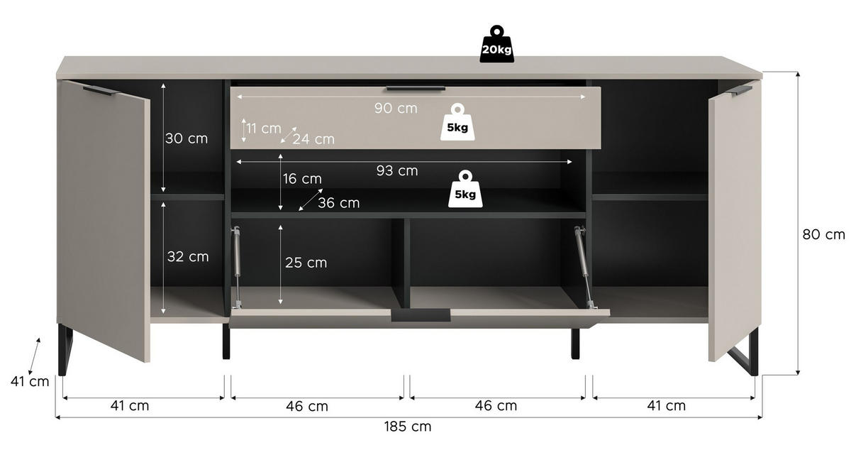SIDEBOARD NOIDA (B/H/T: ca. 185/80/41 cm) in Kaschmir/Kaschmir - Kaschmir, Holzwerkstoff (185/80/41cm)