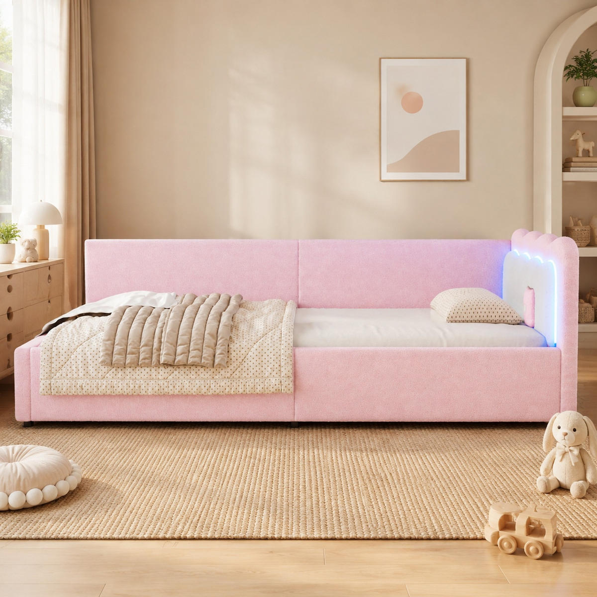 POLSTERBETT 90/200 mit mehrfarbiger App-LED, Lattenrost und Colour-Blocking-Design am Kopfteil in Rosa - Rosa, Holzwerkstoff/Textil (90/200cm) - EVRYAE