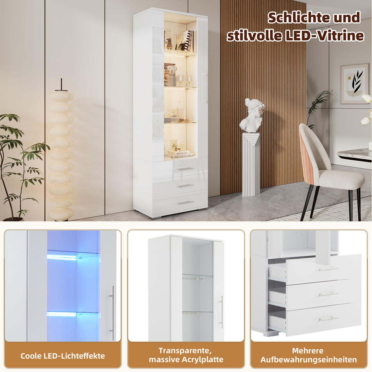 VITRINE in Weiß Standvitrine mit LED-Beleuchtung und 3 Schubladen für Wohnzimmer, B60/T35/H180cm - Transparent/Weiß, Glas/Holzwerkstoff (60/180/35cm) - STILVORA