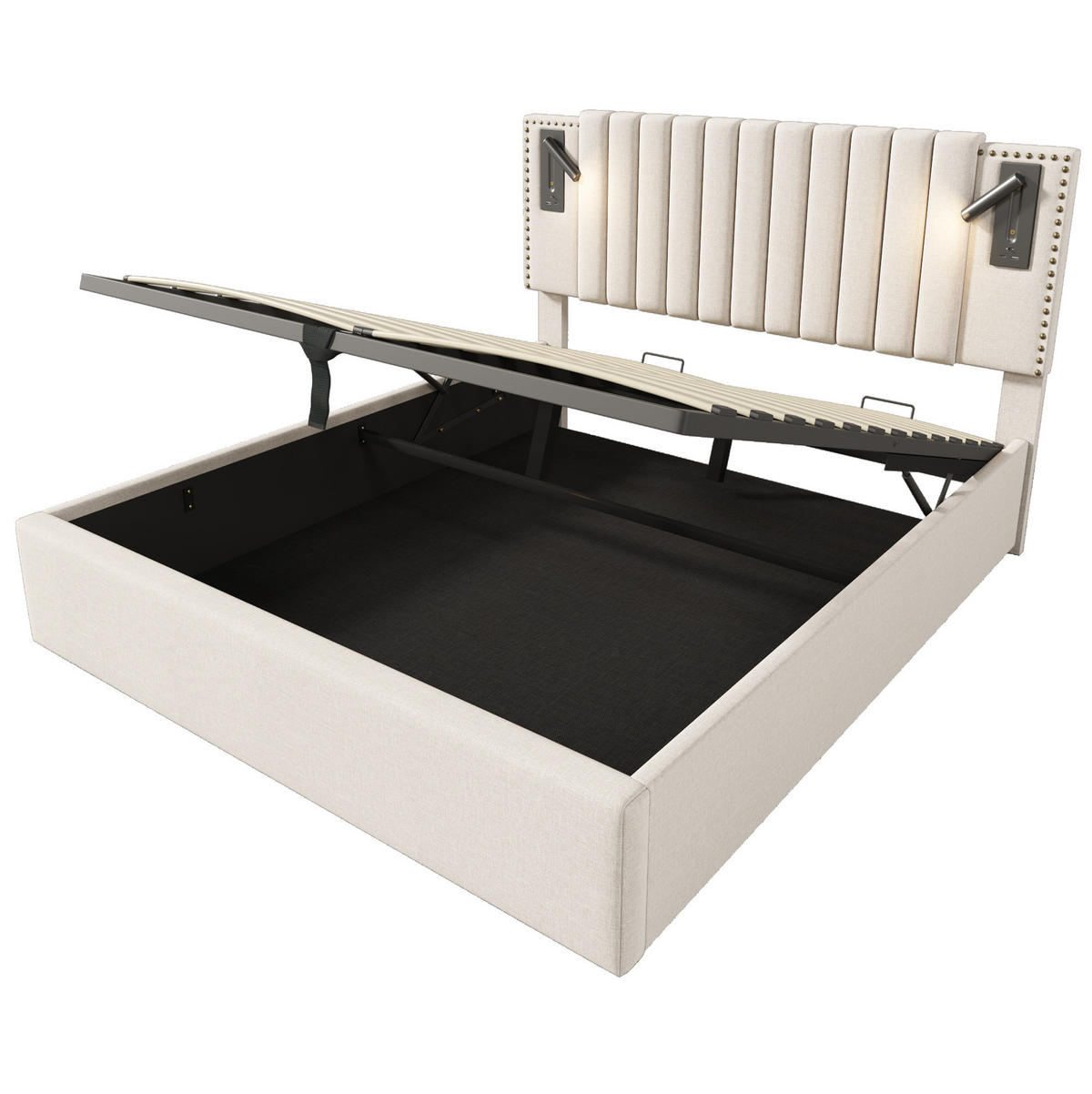 POLSTERBETT aus Baumwolle 140x200 cm in Beige mit Leselicht & USB-C - Beige, Textil (140/200cm) - Modfu