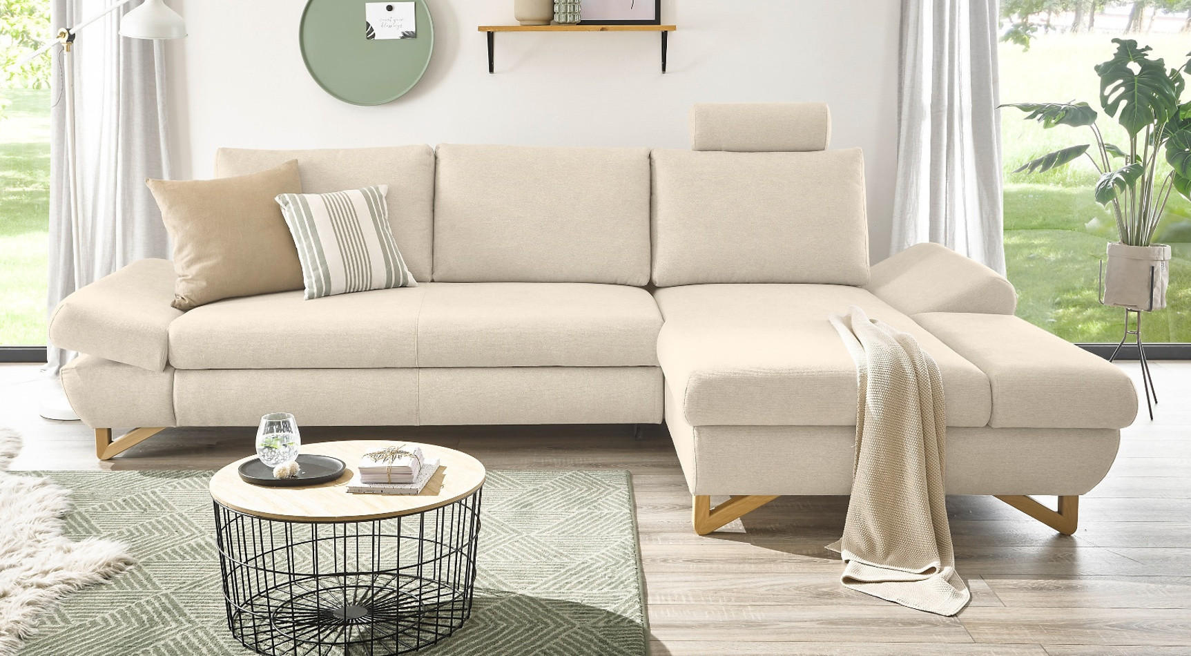 ECKSOFA creme Velours, Wohnzimmer Sofa - Creme, Holz/Textil (284/166cm) - Furn.Design