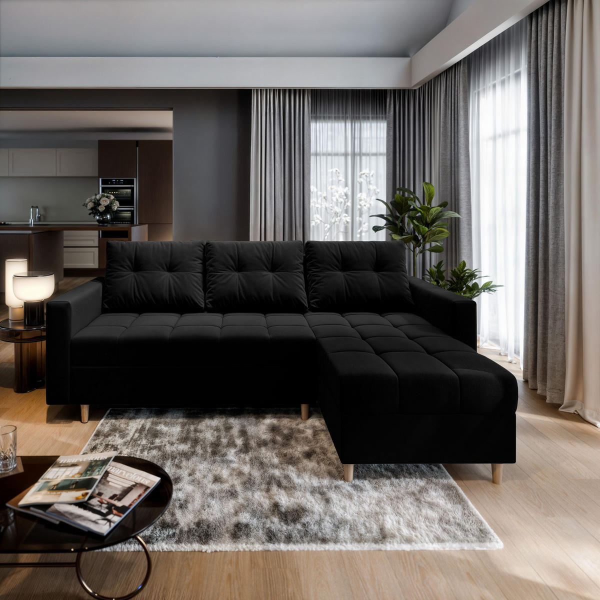 ECKSOFA MILO L Schwarz Plüsch-Stoff mit Schlaffunktion - Schwarz, Holz (220/140cm) - MASSENO