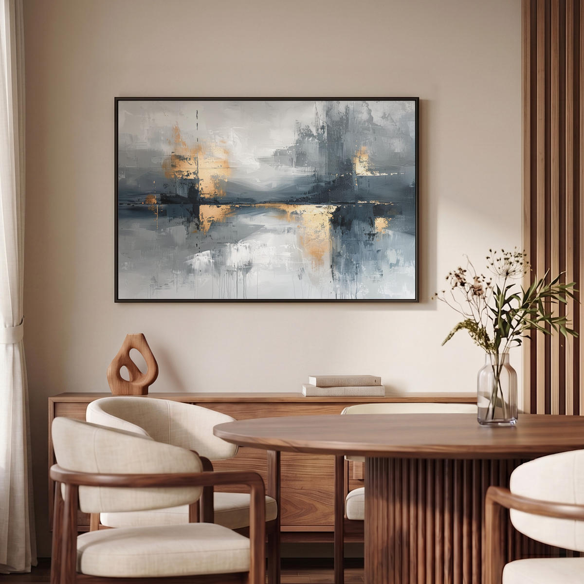 LEINWAND Bilder mit Rahmen - Kunst - Grau - Gold - Abstrakt - 90x60 - Dunkelgrau, Textil (90/60cm) - MuchoWow