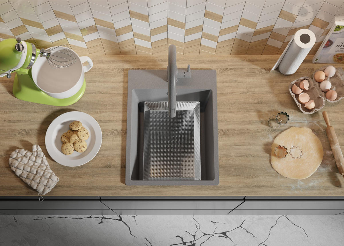 GRANITSPÜLE Riga, 2-er set Grau 38/50 cm 1 Becken + Küchenarmatur 32/20 cm + Ablauf-Set ab 40er Unterschrank - Chromfarben/Grau, Kunststoff (38/20/50cm) - Primagran