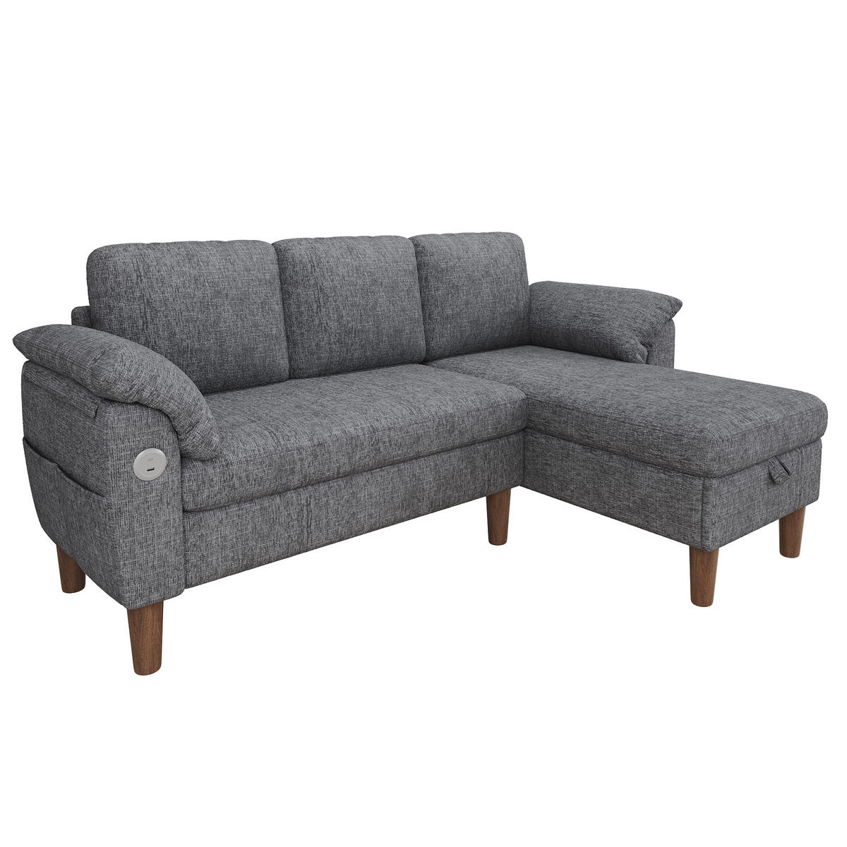 ECKSOFA 181/125/88 cm Hellgrau mit Stauraum-Chaiselongue und USB/Type-C-Ladeanschluss - Hellgrau, Textil (181/125cm) - Oxeza
